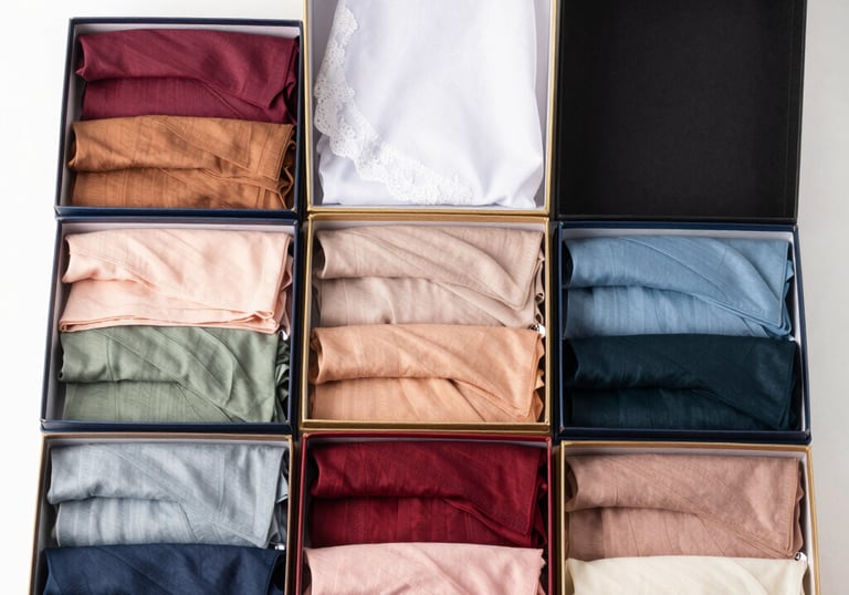 Display of folded mastour clothing items showcasing gentle fabrics and subtle colors on a wooden table.