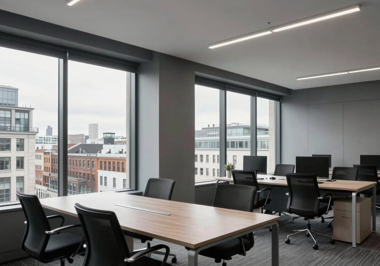 A clean, modern office interior in a British / UK city, featuring large windows and slate grey decor, conveying efficiency.