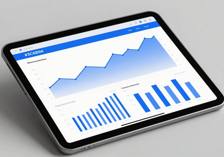 An image of a high-tech digital tablet showing financial analytics and graphs. The lighting is crisp, and the interface features professional blues (#3C6B94) and whites (#F5F8FA).