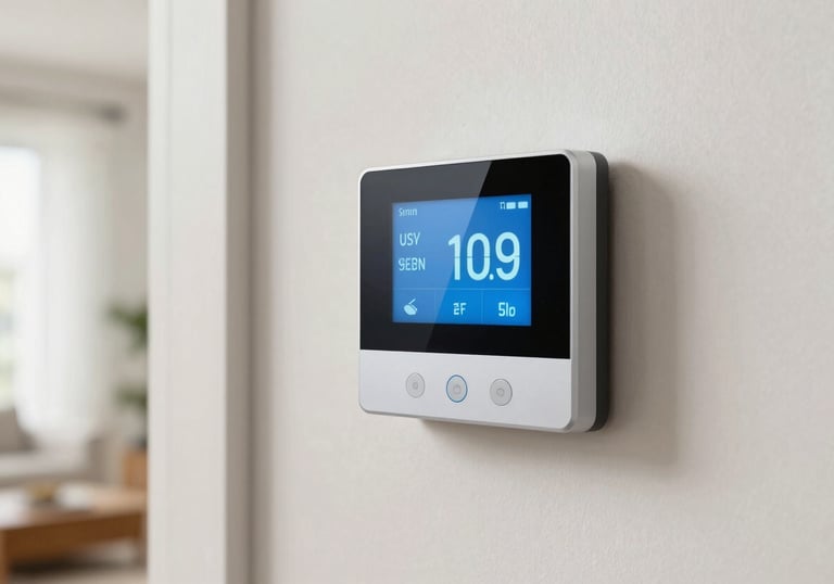A modern smart thermostat mounted on a clean off-white wall showing a cool temperature setting, soft natural lighting, North American / US style interior.