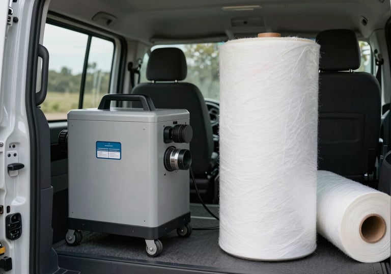 A clean, organized interior of a service van with modern blowing equipment and rolls of premium white fiberglass. The lighting is bright, reflecting a Muted Forest and Cloud White palette.