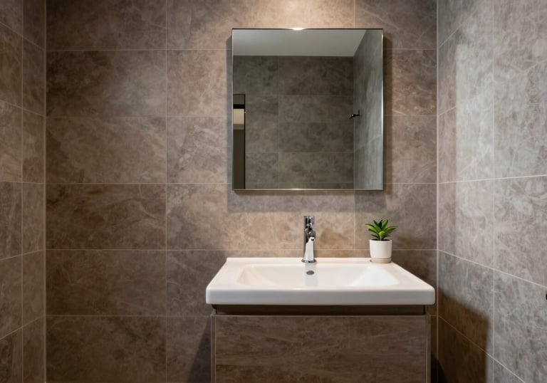 Photography of a luxury Australian bathroom renovation with brown earth-toned tiles and light grey walls, feeling sophisticated and serene.