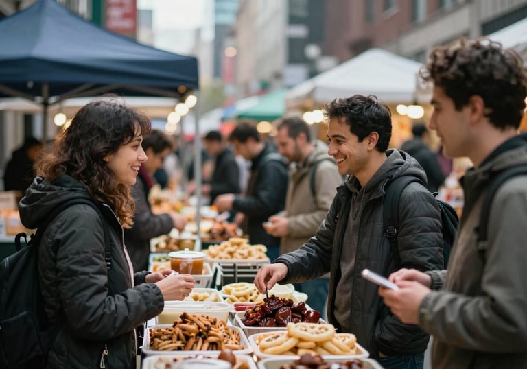 A bustling modern food market in a North American / Western European city, with soft focus on happy people interacting over artisanal food stalls.