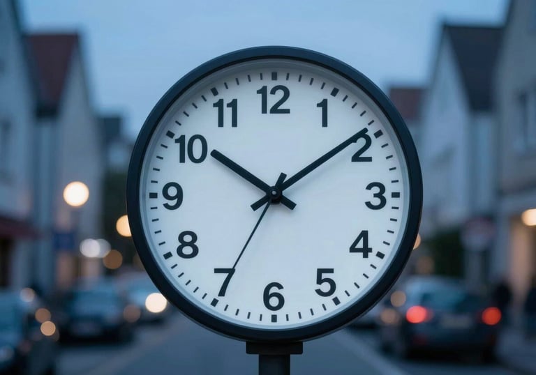 A stylized, professional clock or a blurred night-view of a Central European / German residential street, representing 24/7 availability. Tones of Dark Slate Blue and Light Sky Blue.