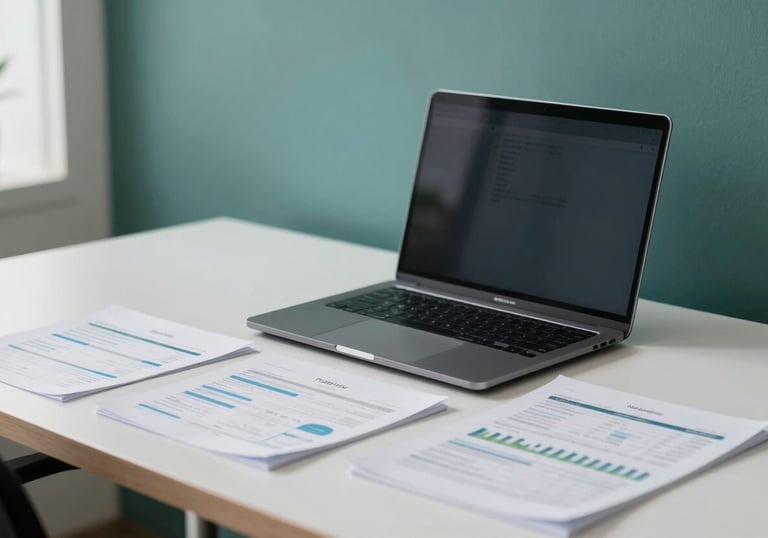A clean, minimalist workspace in a Southeast Asian / Indonesian office building with a laptop and organized financial documents, Forest Teal accents.