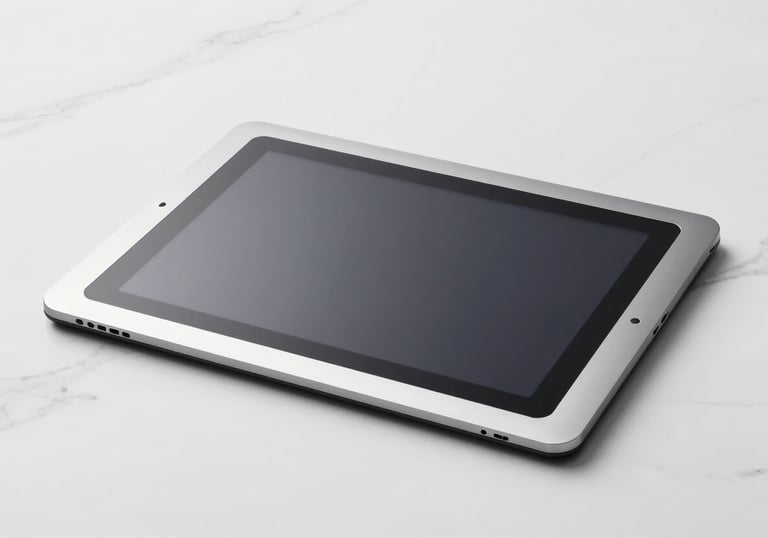A sleek, silver graphic design tablet on a clean white marble #F5F5F5 surface, symbolizing premium creative production and technical expertise.