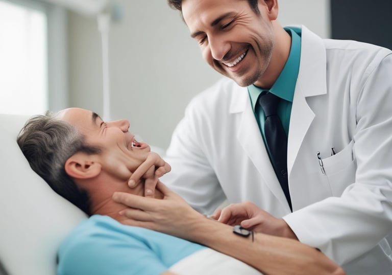Radiology technician operating an ultrasound machine in a bright clinic room.