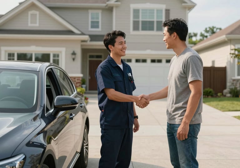 A wide shot of a technician in a professional uniform shaking hands with a smiling car owner in a modern North American suburban driveway next to a serviced vehicle.