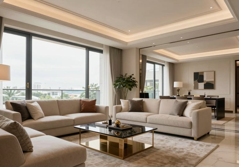 The interior of a high-end luxury apartment in Argentina, featuring large windows and elegant furniture, bright professional real estate photography.