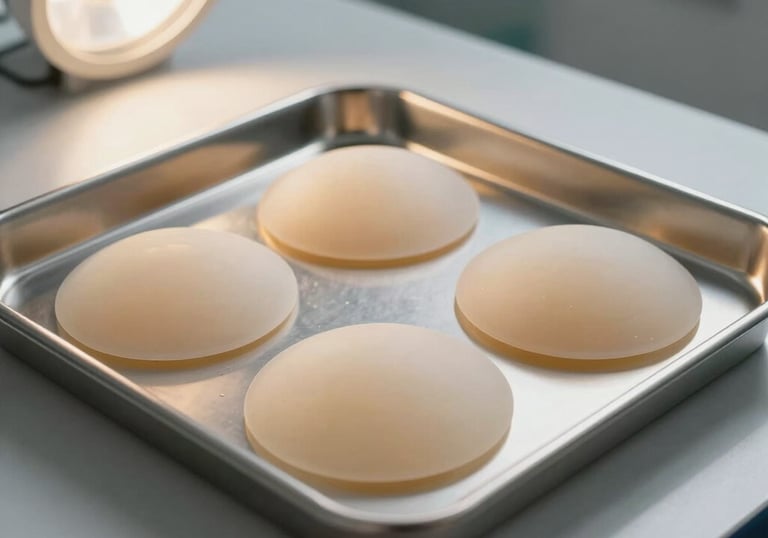 Minimalist photography of high-quality silicone breast implants on a sterile, clinical tray with soft light gold accents and bright lighting.
