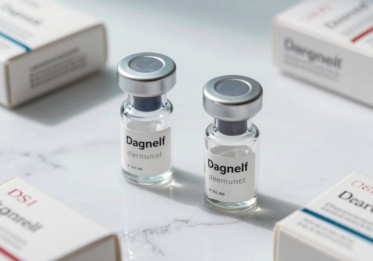Macro photography of high-end cosmetic dermal filler boxes on a white marble surface, soft natural light with light blue shadows.