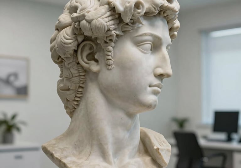Side profile view of a sculptural marble bust representing facial harmony, set in a bright, modern clinical office in Türkiye.