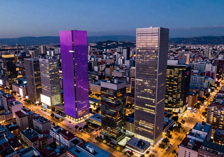 An aerial view of the financial district in Madrid at twilight, showing modern skyscrapers with royal purple and fuchsia city lights. Premium photography. Iberian / Spanish urban landscape.