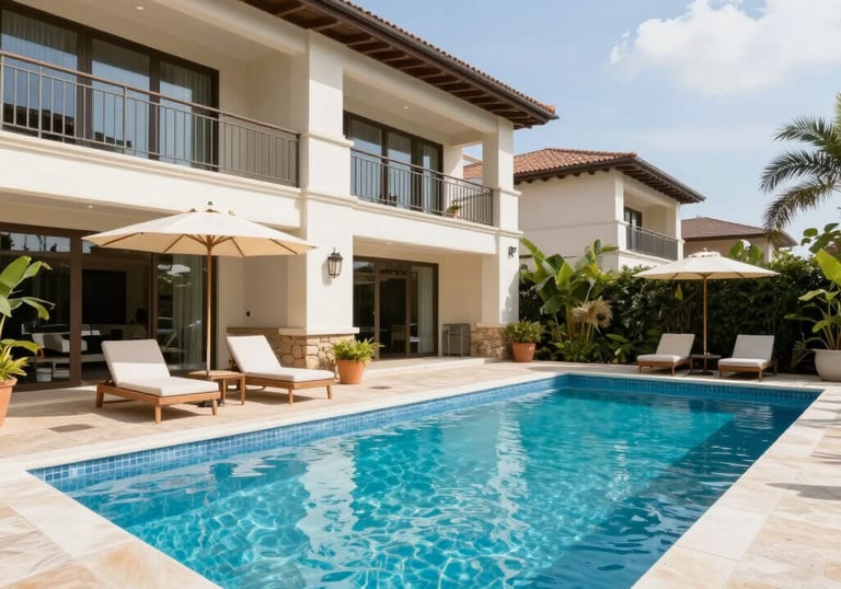 An urban real estate office building exterior with reflective glass windows.