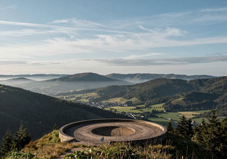 A scenic overlook from the top of the bike park showing the valley of Remiremont under a blue sky with soft clouds, misty green mountains, French / Vosges Region.