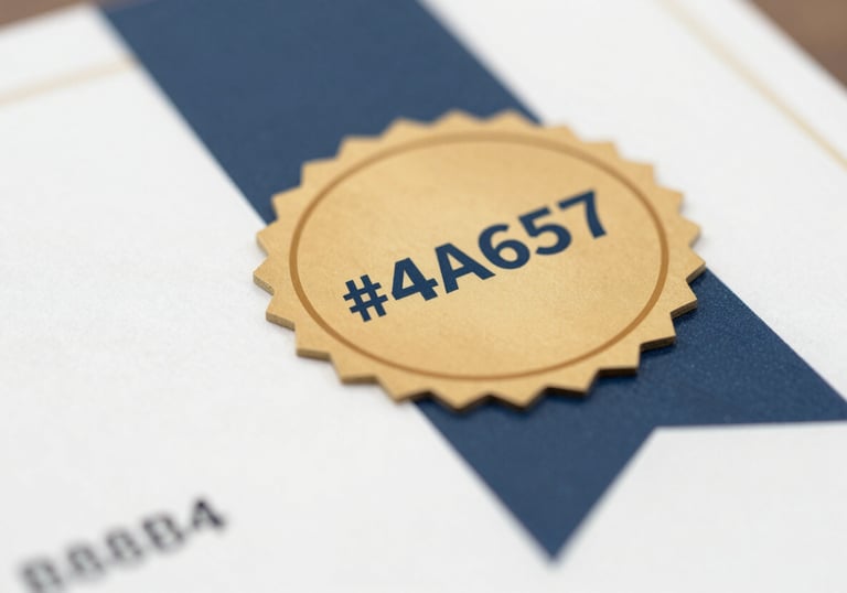A close-up of a certificate or seal of quality being applied, symbolizing a job well done and brand warranty, with #4A6577 and #B88B4A accents.