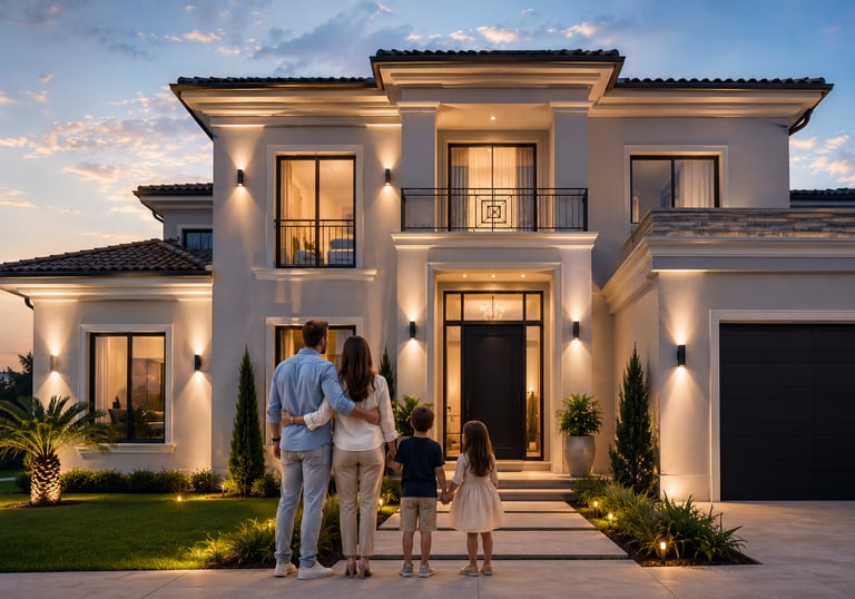 Happy family enjoying a freshly painted luxury home.