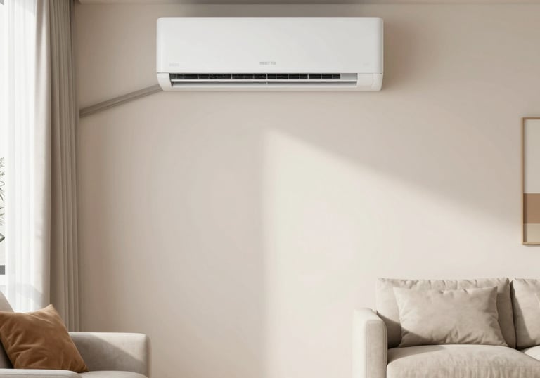 Technician installing a wall-mounted air conditioner in a cozy living room.