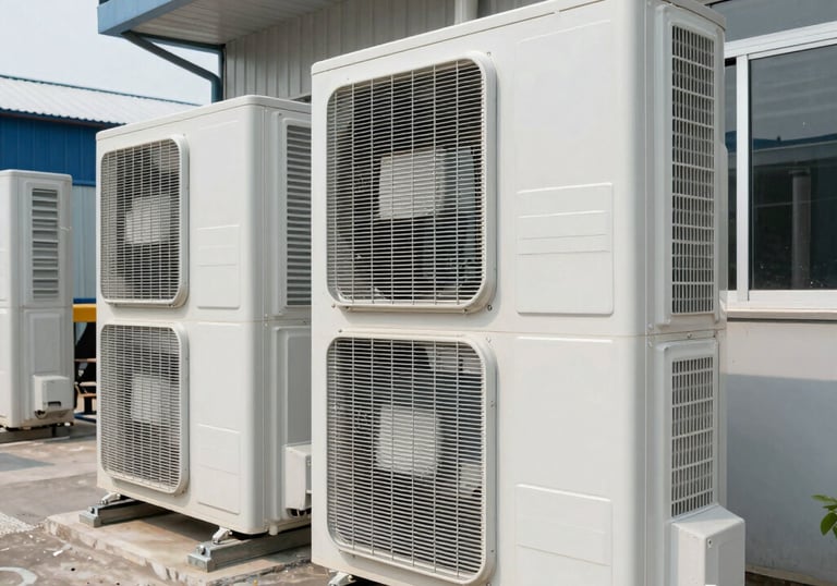 Professional technician performing maintenance on a commercial air conditioning unit.