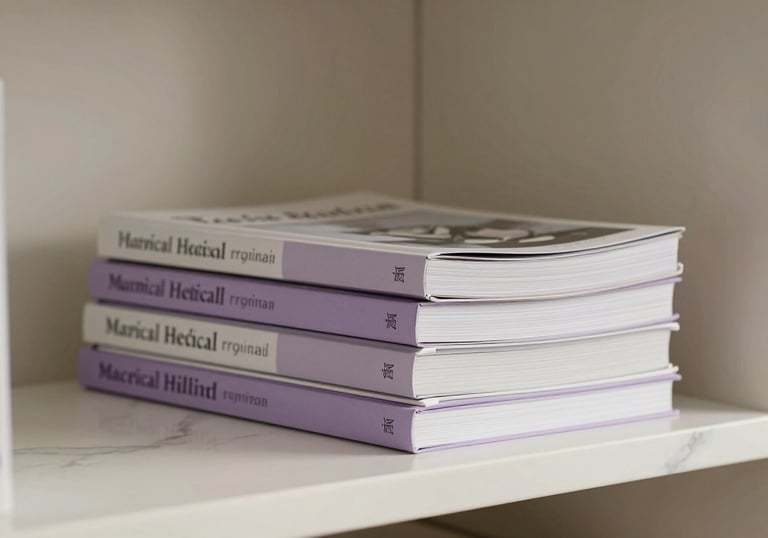 A stack of professional medical journals on a white marble shelf, elegant lavender-tinted spines, soft warm lighting in a minimalist office.