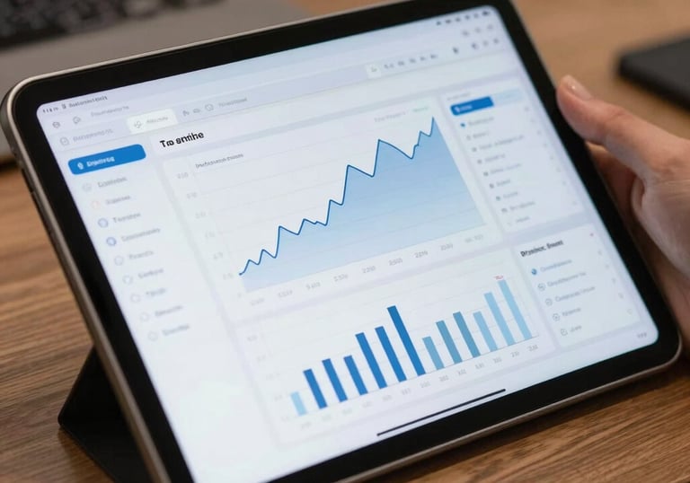 A close-up of a high-resolution tablet screen displaying a sophisticated, clean data interface with graphs, used by a professional in a modern office.