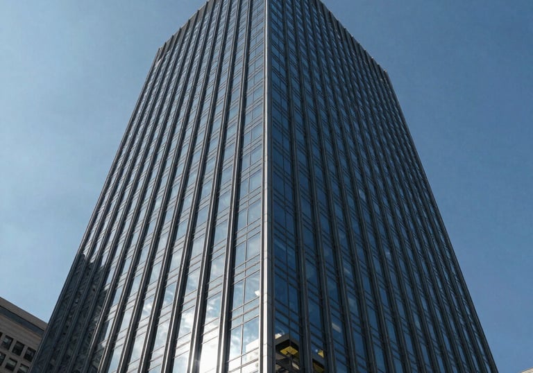 A low-angle exterior shot of a modern glass skyscraper in a North American / US city reflecting the blue sky. The image represents stability and commercial success.