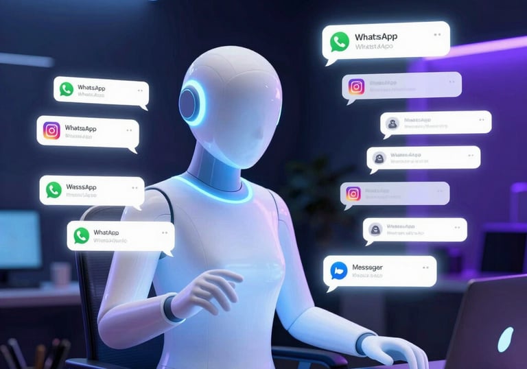 A sleek dark-themed workspace showing a computer screen with AI chatbots managing multiple conversation threads.