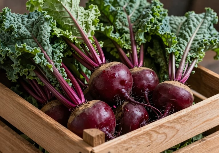 A wooden crate filled with fresh harvest from a Northern European / Scandinavian farm, showing deep ripe crimson beets and matte forest green kale.