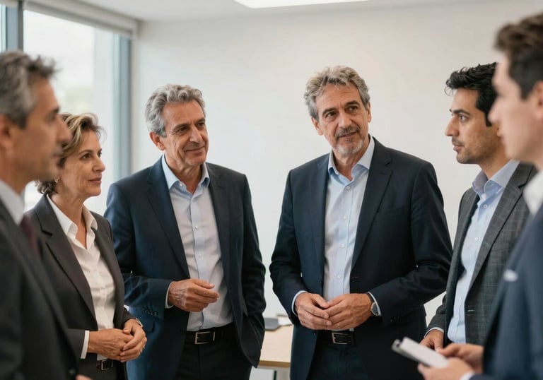 A group of professional academy owners in a Spanish / Latin American business setting, sharing success stories, bright and inspiring professional photography.