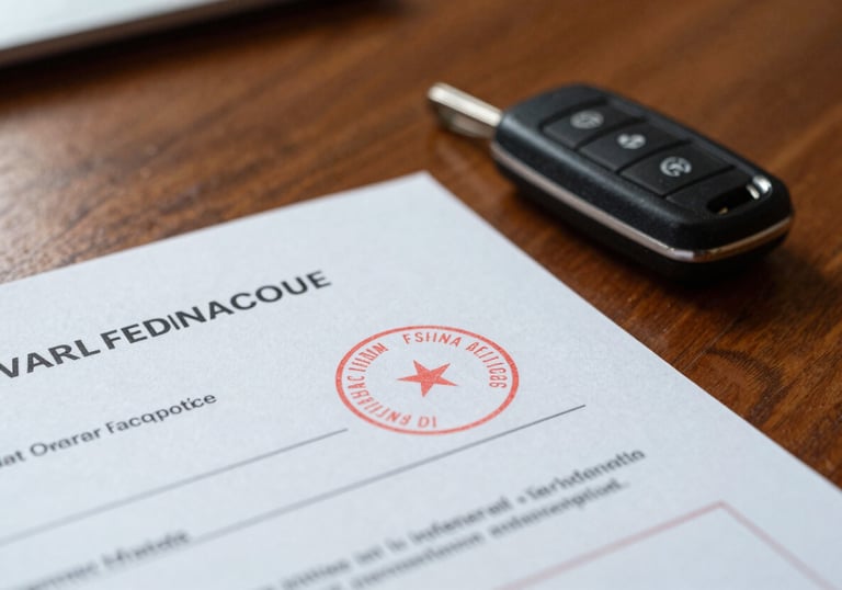 A macro shot of a warranty certificate resting on a polished wooden desk next to a modern car key. The lighting is soft and trustworthy, with a focus on official stamps and professional document texture.