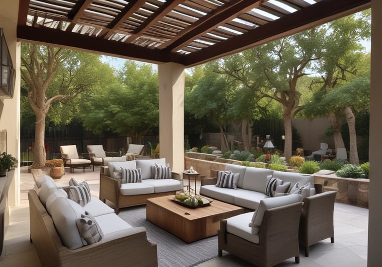 A spacious backyard featuring a custom pergola and timber decking surrounded by greenery.