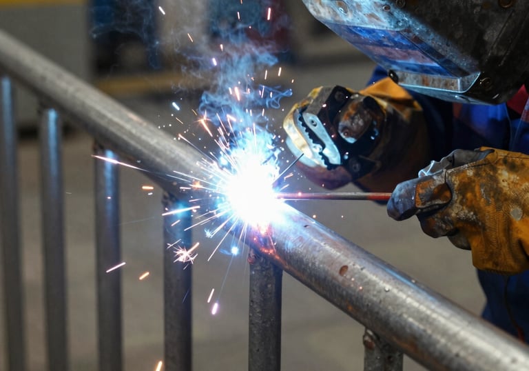 Artisan welding sparks flying as a custom metal gate is crafted in the workshop.