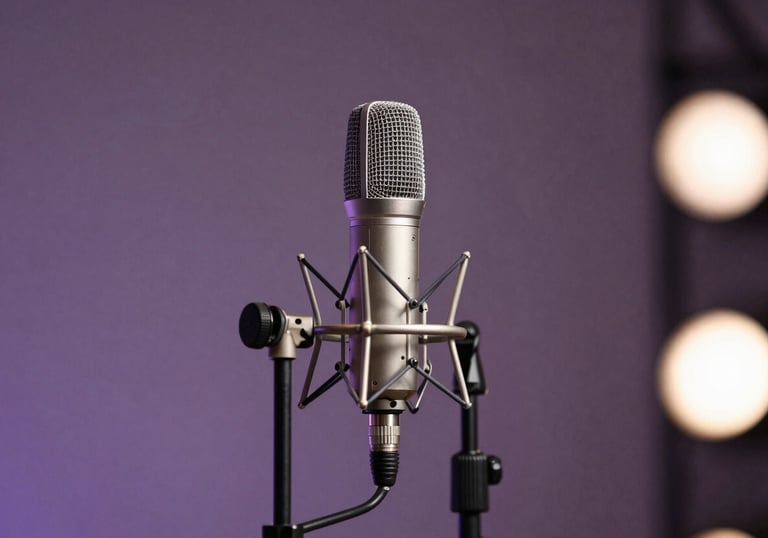 A professional microphone stands in the foreground, with blurred colorful stage lights in muted slate purple and pearl white in the background.