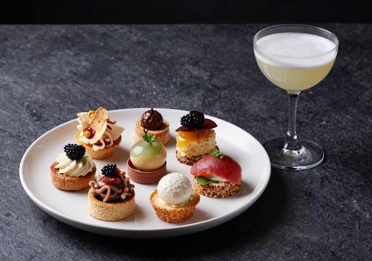 A gourmet appetizer platter and a craft cocktail served on a dark stone tabletop. Sophisticated lighting in pearl white and deep midnight navy tones.