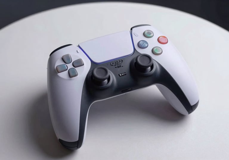 A modern gaming console controller resting on a soft pearl white surface, with glowing LED accents in soft lavender mist.