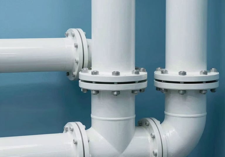 Close-up of clean, professionally maintained sewage pipes in a technical room of a German residential building, light blue and white color scheme.