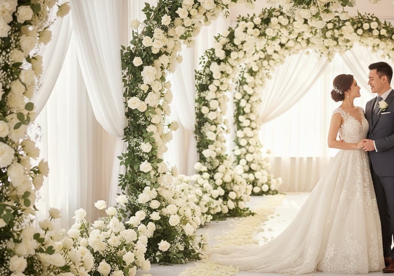 Elegant bride and groom posing under white rose floral arches at a luxury wedding ceremony.