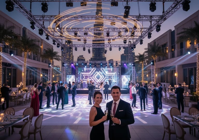 Elegant outdoor luxury wedding reception in Dubai with Burj Khalifa view and light show.