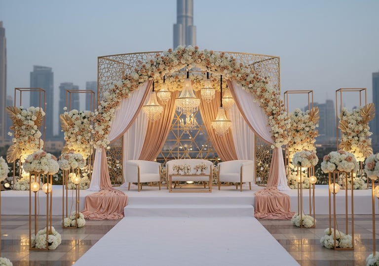 Luxury outdoor wedding stage in Dubai with floral arch, crystal chandeliers, and Burj Khalifa view.