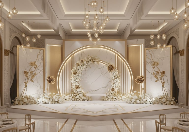 Elegant wedding stage with marble backdrop, white floral arch, and luxury gold lighting.