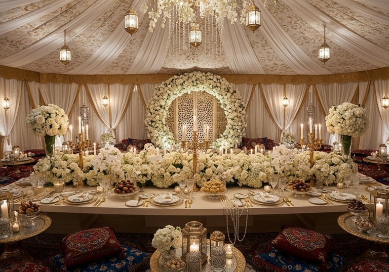 Elegant wedding reception featuring white floral arrangements, gold lanterns, and traditional floor seating.