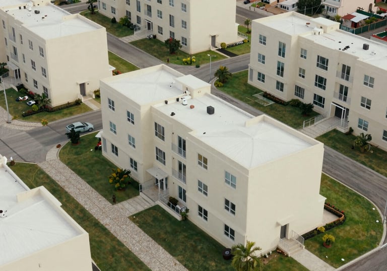 An aerial shot of a modern Caribbean / Jamaican housing development, featuring cream-colored exteriors and neat sage green lawns.
