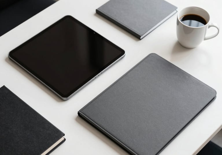 A top-down view of a designer&amp;amp;#x27;s desk in a bright North American office, with a tablet, coffee cup, and sleek charcoal grey stationary.