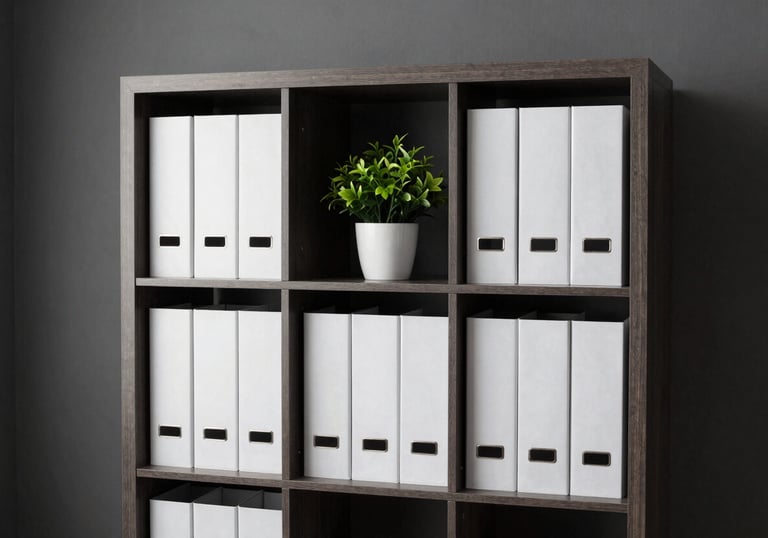 Sleek, modern office shelving unit with organized white folders and a small green plant, set against a charcoal gray wall.