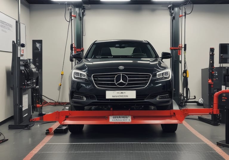 A technician adjusting a car's tyre on a wheel alignment machine.
