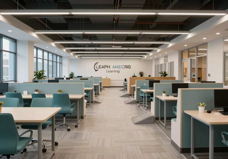 A wide, airy shot of a modern North American learning center with wide aisles, ramps, and ergonomic furniture in teal and off-white tones.