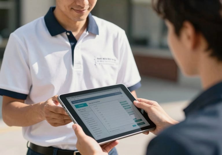 A professional North American / US technician providing a digital quote on a tablet to a customer, outdoors, sunny day, efficient and friendly service, white and slate blue colors.