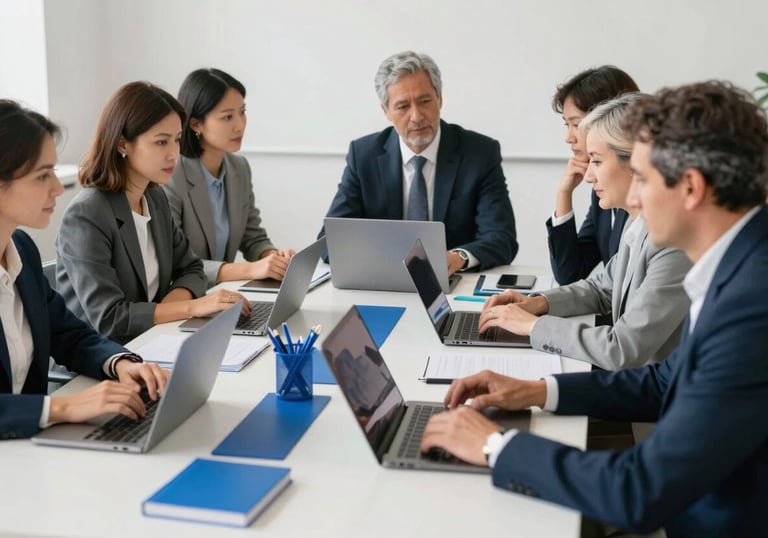 A group of professional colleagues of various ages collaborating around a large table in a bright office, with ocean blue stationery and modern laptops, professional Spanish setting.