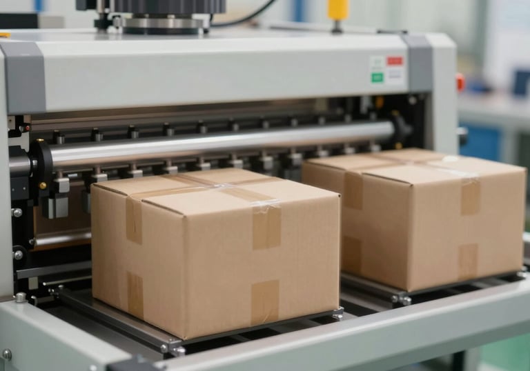 A high-tech industrial machine in a factory setting, creating several carton boxes per second. The focus is on the motion and efficiency, with a clean background using #2C2C2B and #A08D7D tones.