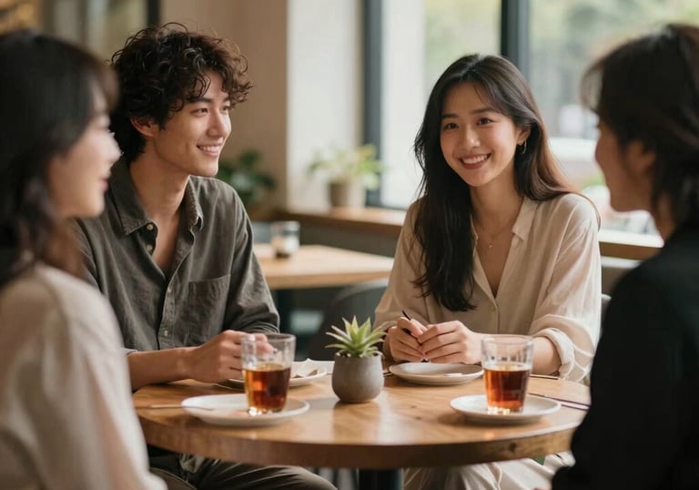 A beautiful, natural lifestyle shot showing people interacting in a sophisticated, modern setting. Warm natural light. North American / International.